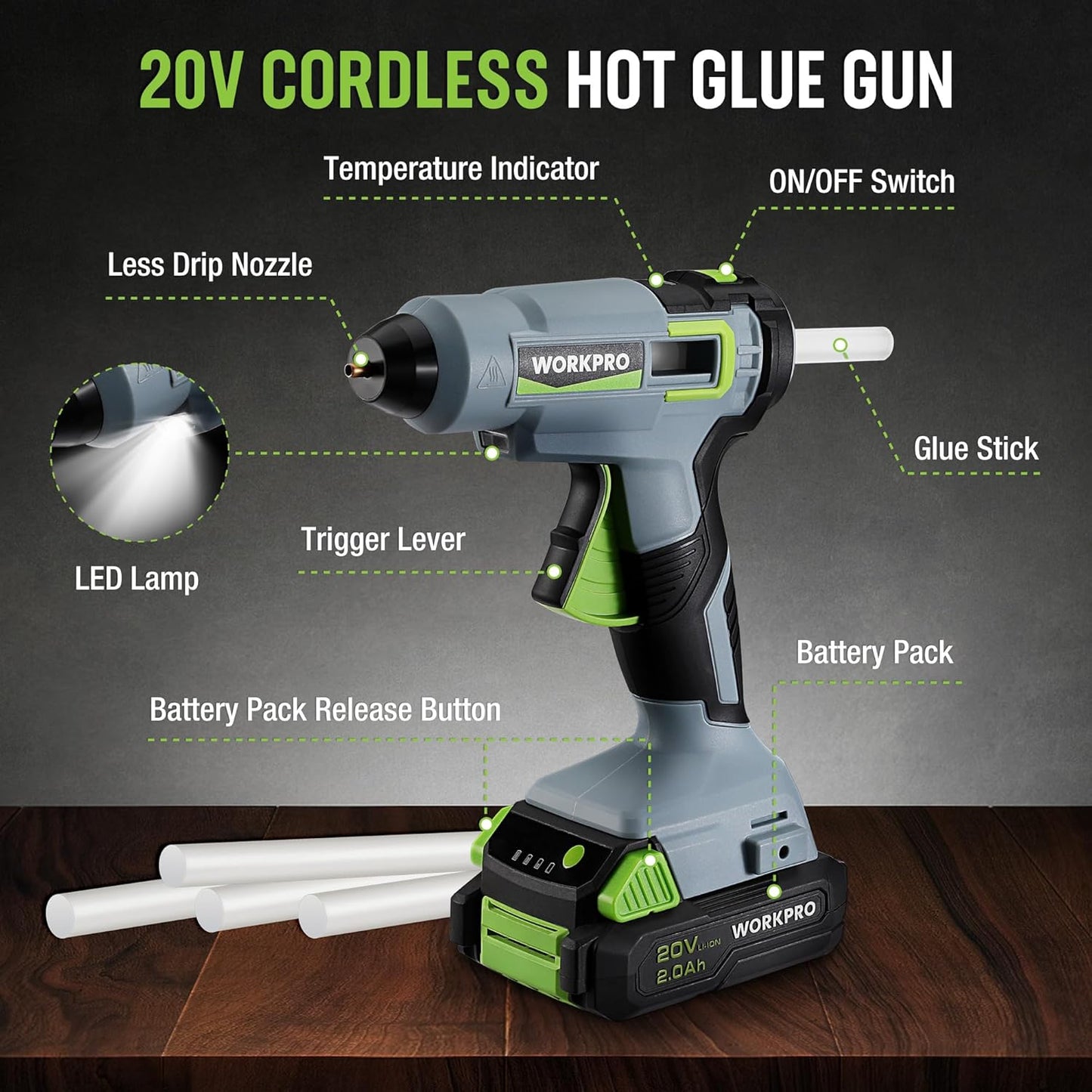 20V Cordless Hot Melt Glue Gun Kit, 2.0 Ah Li-Ion Battery Powered Rechargeable Full Size Hot Glue Gun, 45S Fast Preheating, Heavy Duty Wireless Glue Gun with 12 Pcs Glue Sticks for DIY & Craft
