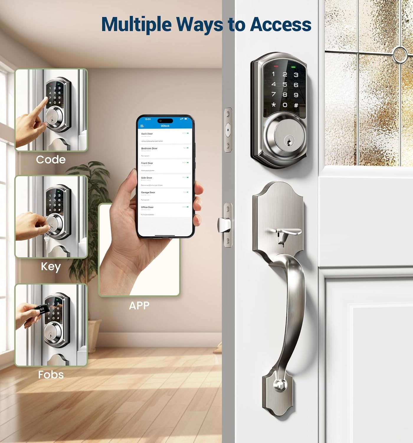 VE06-H Smart Front Door Lock Set, App Control, Keyless Entry Deadbolt with Lever Handle, Electronic Digital Touchscreen Keypad, Auto Lock, Easy Install, Satin Nickel