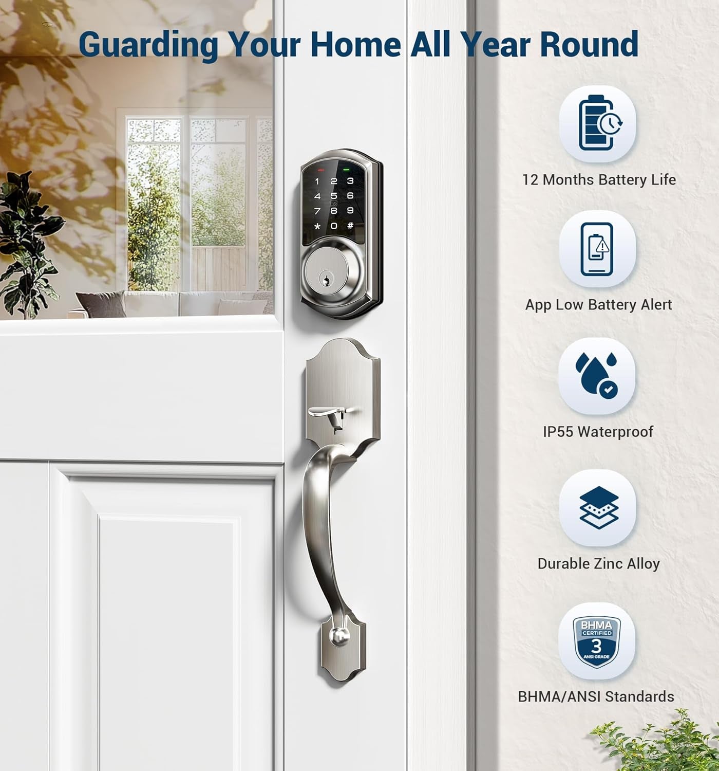 VE06-H Smart Front Door Lock Set, App Control, Keyless Entry Deadbolt with Lever Handle, Electronic Digital Touchscreen Keypad, Auto Lock, Easy Install, Satin Nickel