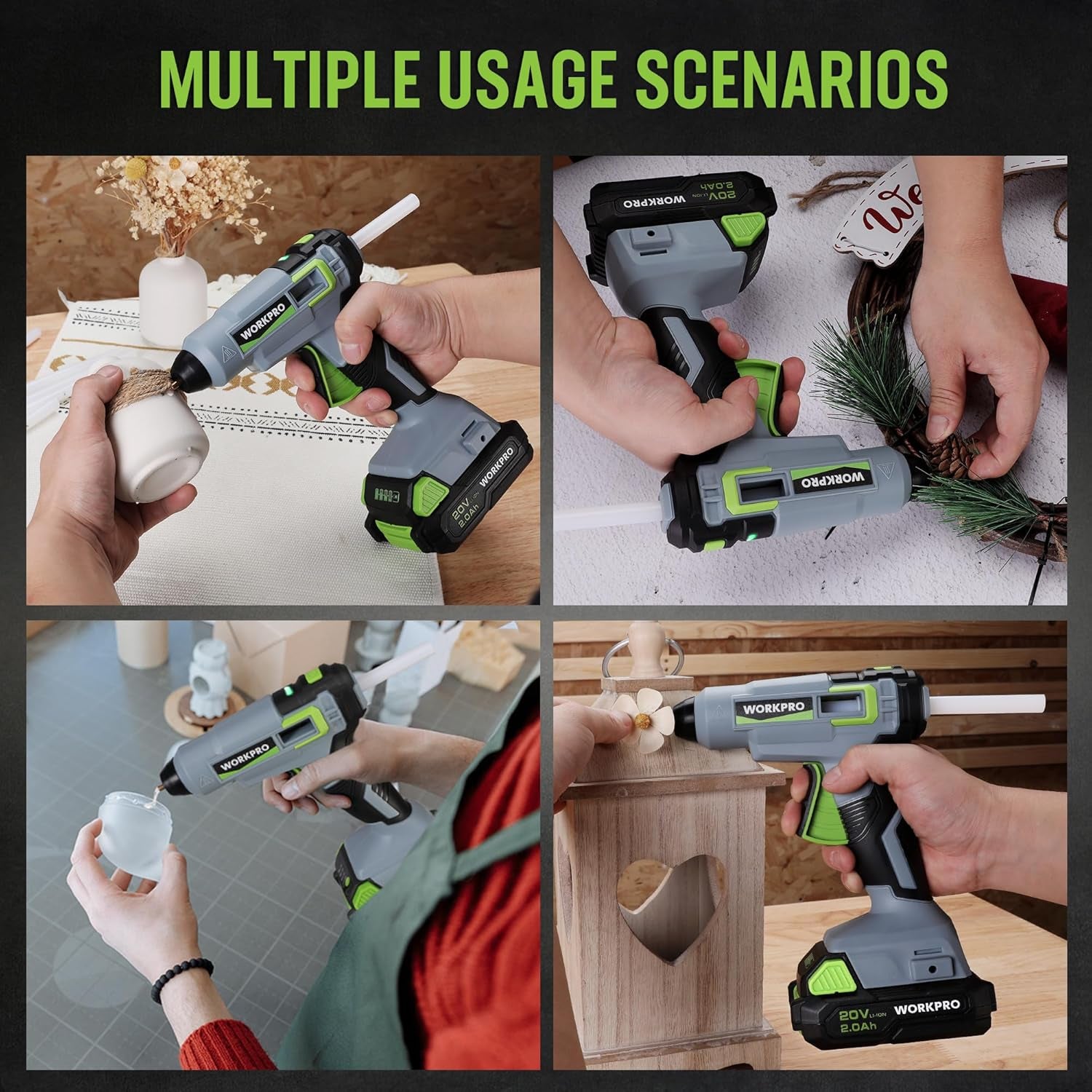 20V Cordless Hot Melt Glue Gun Kit, 2.0 Ah Li-Ion Battery Powered Rechargeable Full Size Hot Glue Gun, 45S Fast Preheating, Heavy Duty Wireless Glue Gun with 12 Pcs Glue Sticks for DIY & Craft
