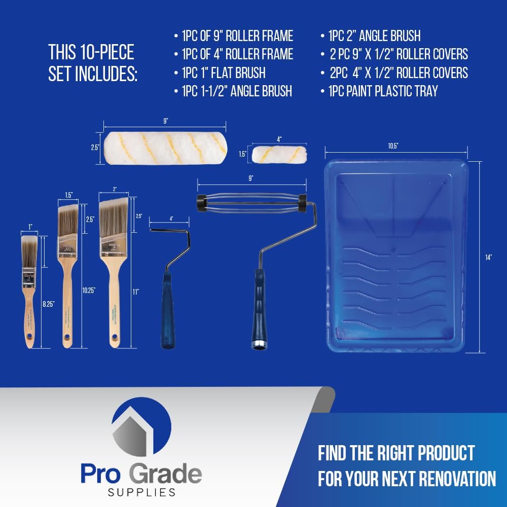 Paint Roller Kit, Brush & Roller,10 Piece Set, Wall Painting Naps for Professionals & Homeowners - All Paints & Stains, Washable, Reusable, Easy to Clean, Superior Absorbency.