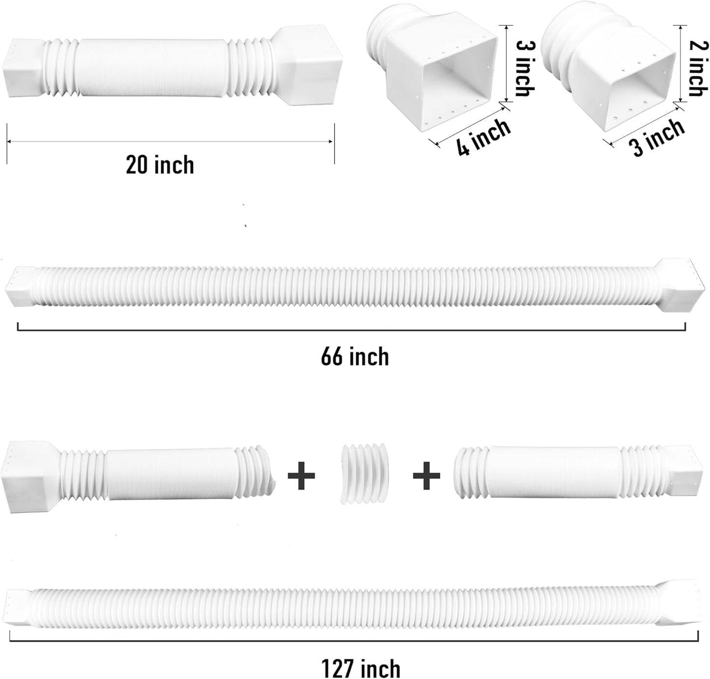 2 Pack Rain Gutter Downspout Extensions, Upgraded Flexible Drain down Spout Extender for Rain Water Drainage, Each Extendable from 20" to 66", Combine to 10 Ft with Connector(White)