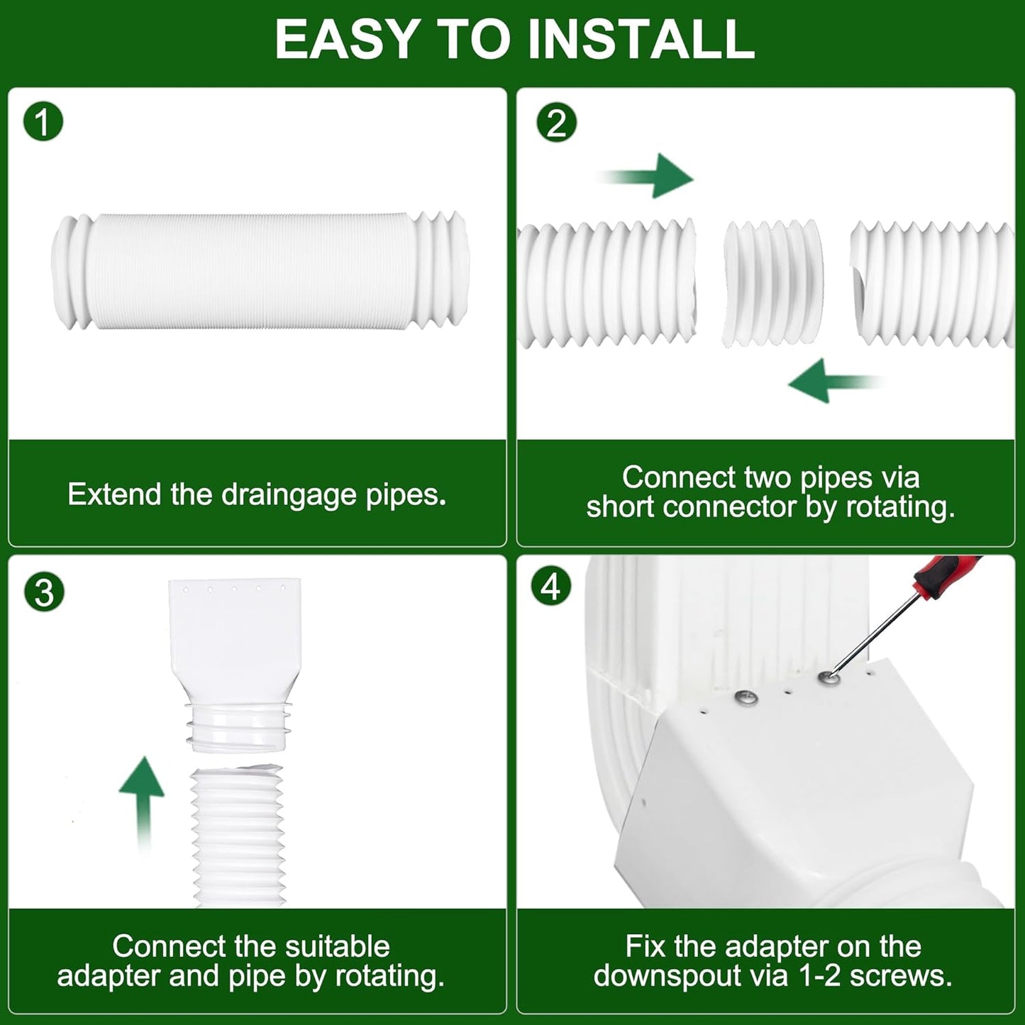 2 Pack Rain Gutter Downspout Extensions, Upgraded Flexible Drain down Spout Extender for Rain Water Drainage, Each Extendable from 20" to 66", Combine to 10 Ft with Connector(White)