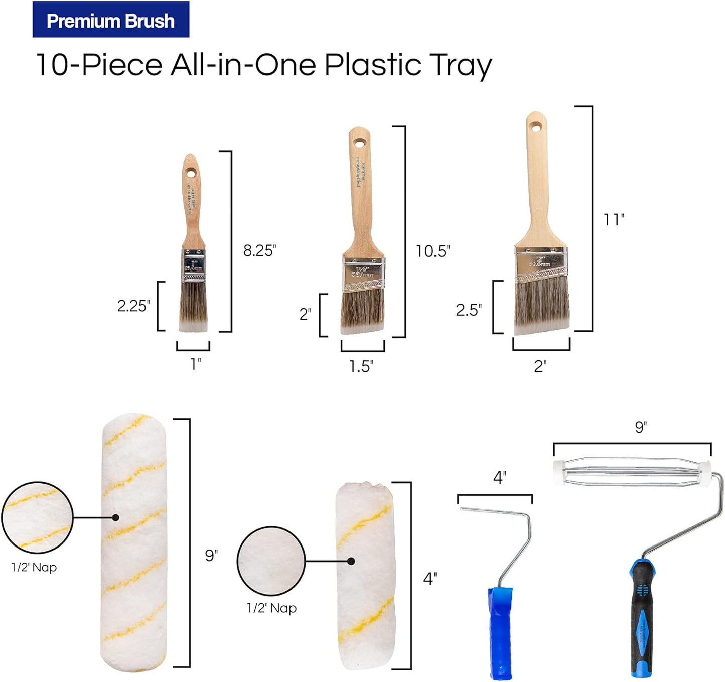 Paint Roller Kit, Brush & Roller,10 Piece Set, Wall Painting Naps for Professionals & Homeowners - All Paints & Stains, Washable, Reusable, Easy to Clean, Superior Absorbency.