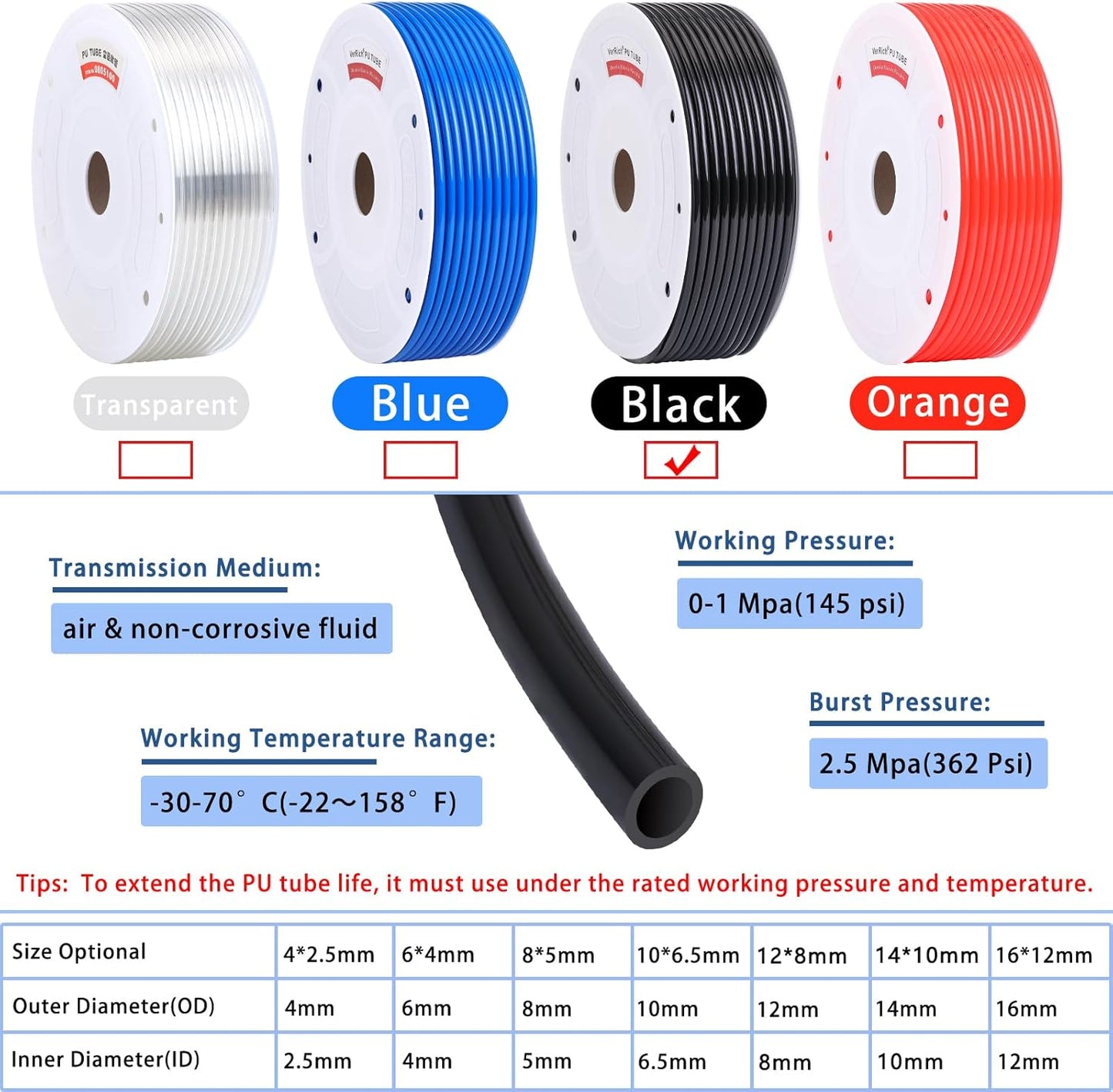 Pneumatic Tubing Pipe Pu Hose,Black 8Mm OD X 5Mm ID 100 Meters(328 FT) PU Air Hose Line Tube for Air Compressor Transfer