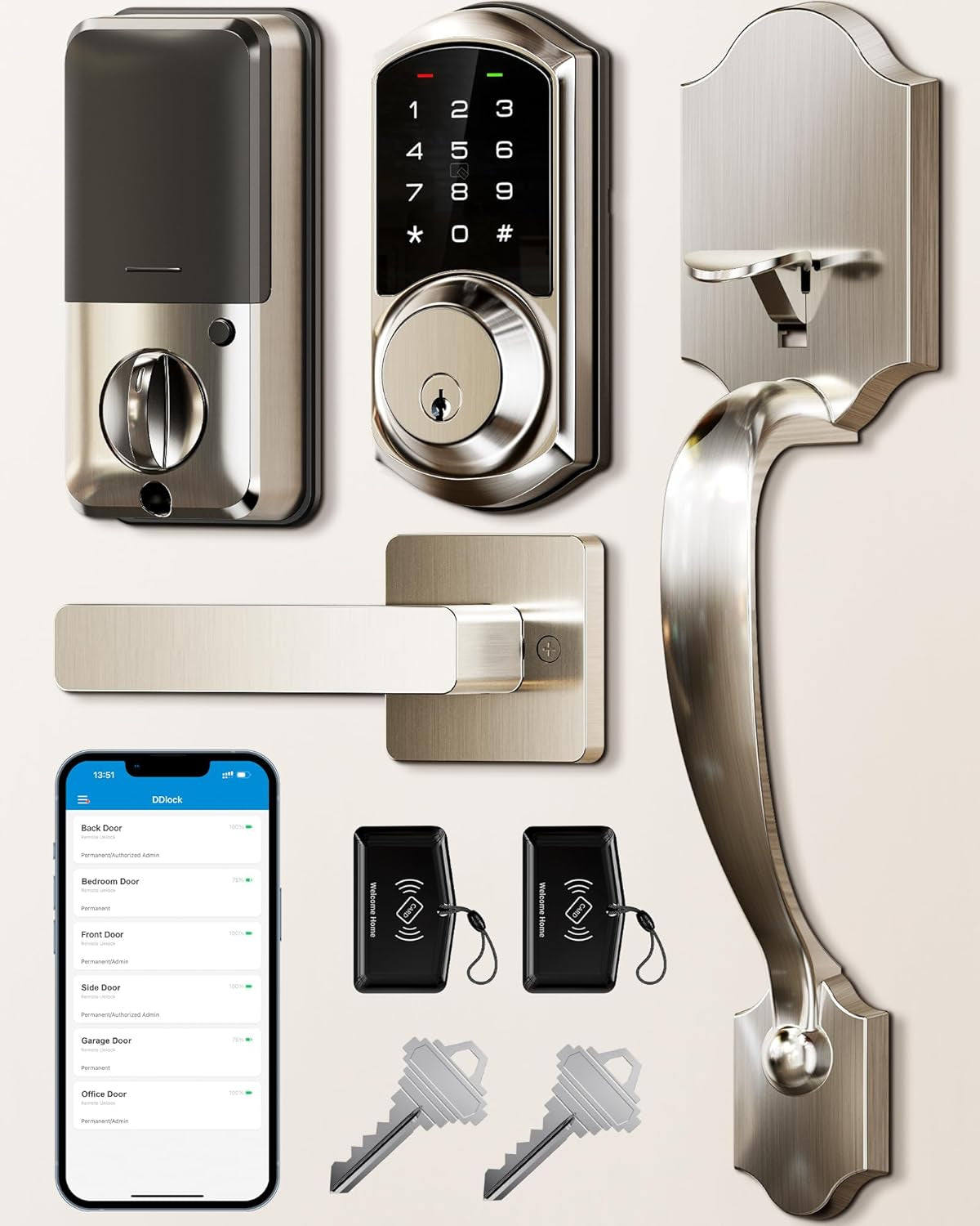 VE06-H Smart Front Door Lock Set, App Control, Keyless Entry Deadbolt with Lever Handle, Electronic Digital Touchscreen Keypad, Auto Lock, Easy Install, Satin Nickel