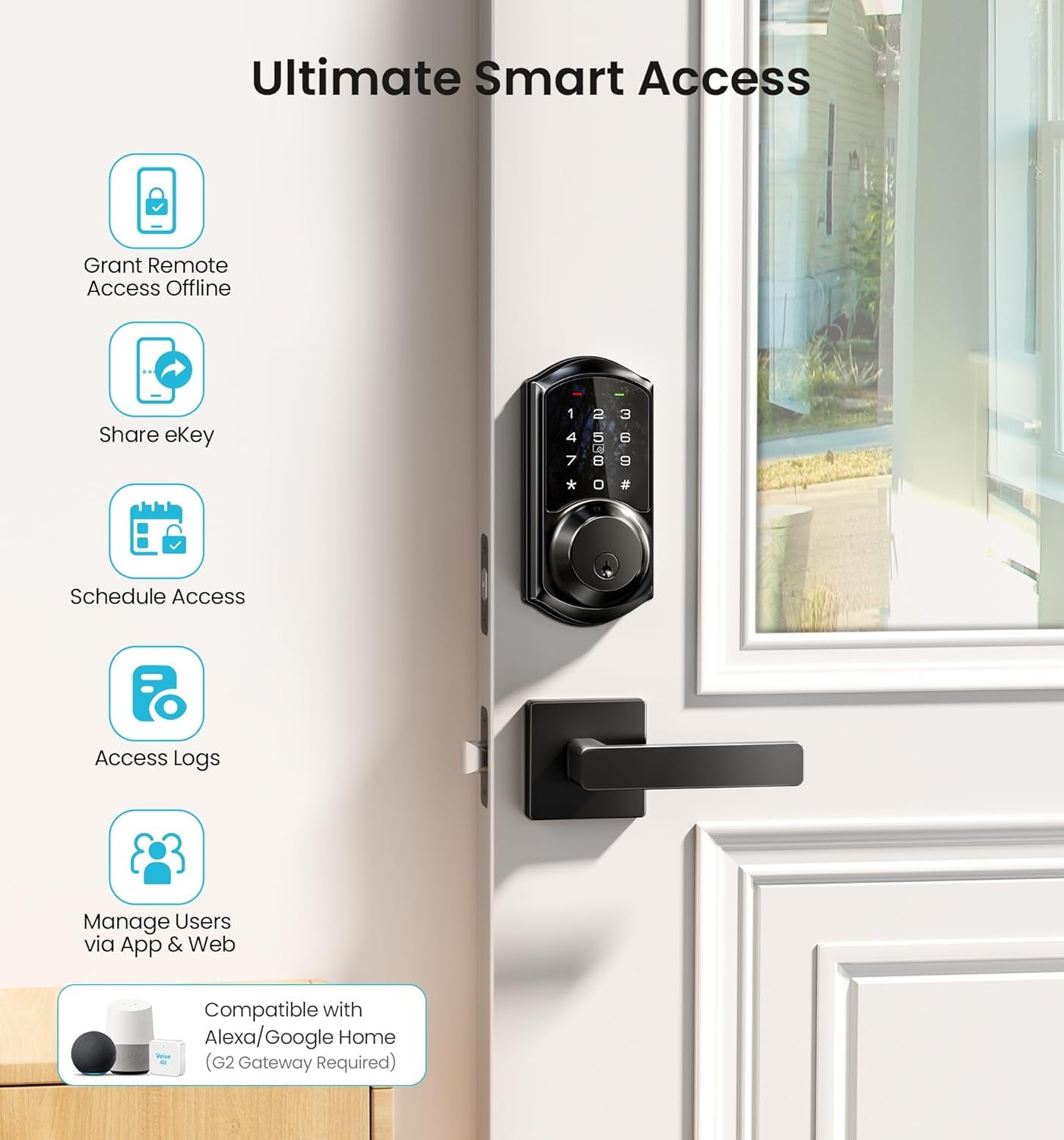 VE06-L Smart Locks with 2 Lever Handle Set, App Control, Keyless Entry Deadbolt for Front Door, Electronic Digital Touchscreen Keypad, Auto Lock, Waterproof, Easy Installation, Matte Black