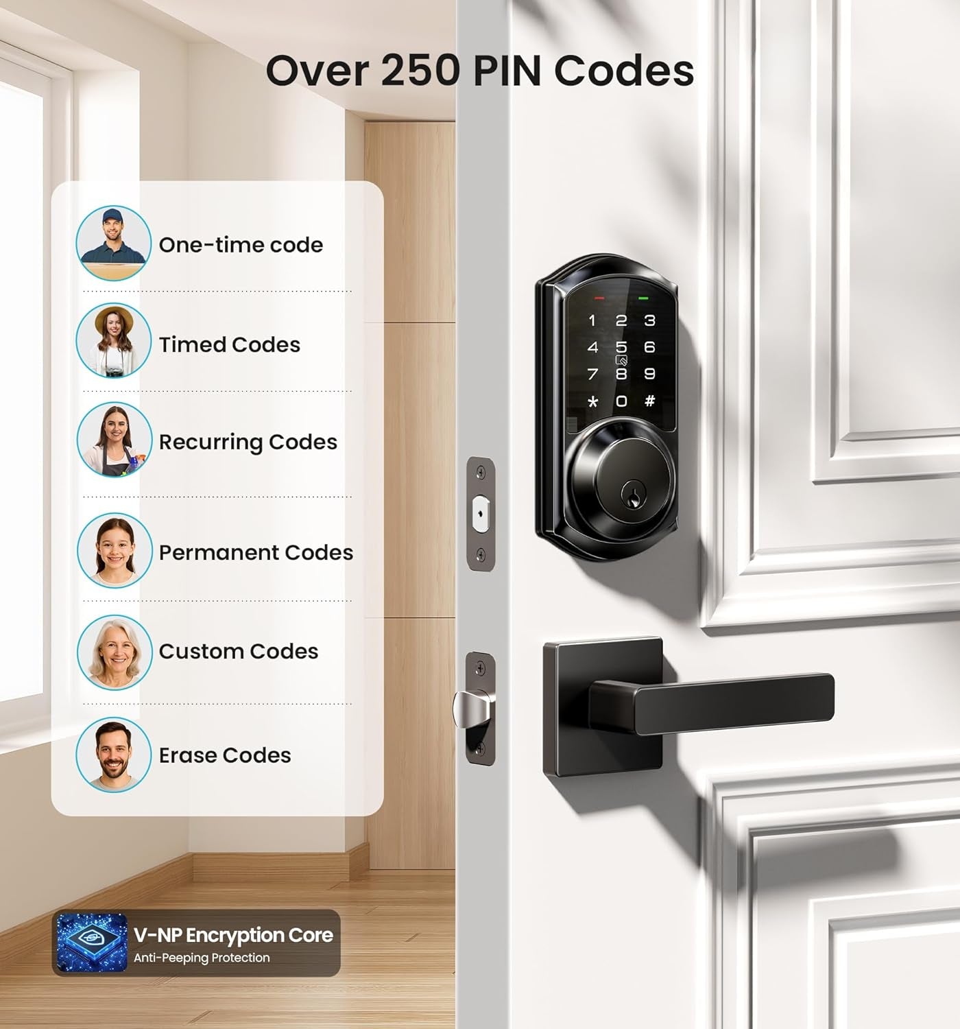 VE06-L Smart Locks with 2 Lever Handle Set, App Control, Keyless Entry Deadbolt for Front Door, Electronic Digital Touchscreen Keypad, Auto Lock, Waterproof, Easy Installation, Matte Black