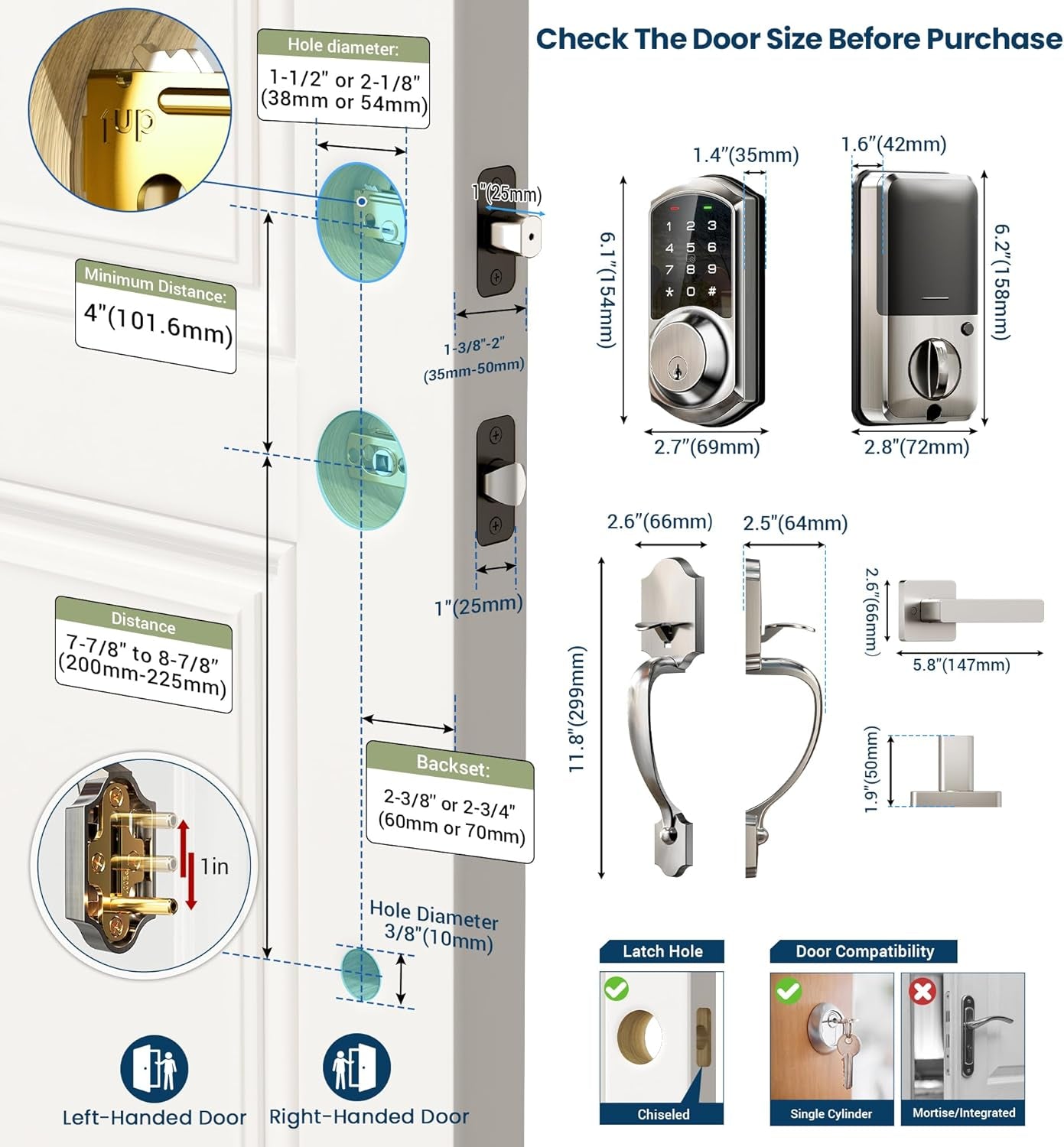 VE06-H Smart Front Door Lock Set, App Control, Keyless Entry Deadbolt with Lever Handle, Electronic Digital Touchscreen Keypad, Auto Lock, Easy Install, Satin Nickel