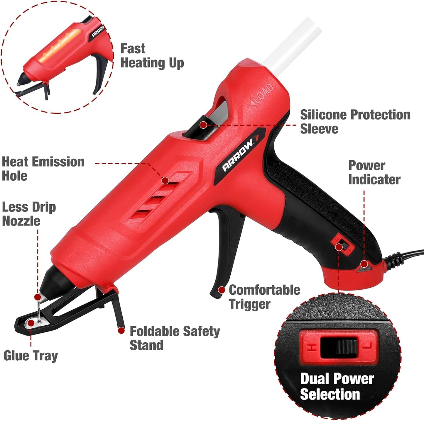 Arrow Full Size Dual Temp Glue Gun Kit with 12 Sticks - Professional, High/Low Temperature, Fast Heating, Heavy Duty with Stand for Décor, Crafts, Repairs, Construction