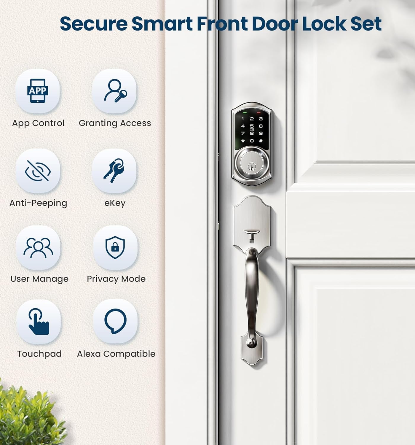 VE06-H Smart Front Door Lock Set, App Control, Keyless Entry Deadbolt with Lever Handle, Electronic Digital Touchscreen Keypad, Auto Lock, Easy Install, Satin Nickel