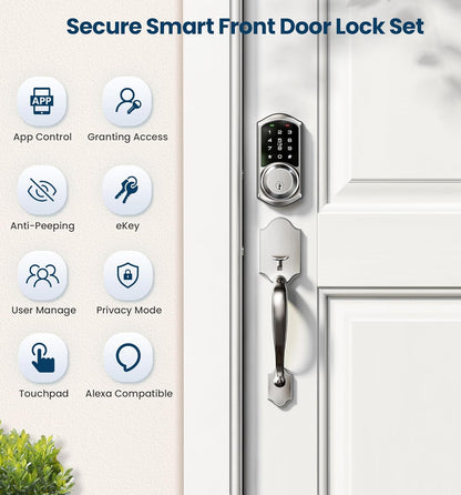 VE06-H Smart Front Door Lock Set, App Control, Keyless Entry Deadbolt with Lever Handle, Electronic Digital Touchscreen Keypad, Auto Lock, Easy Install, Satin Nickel