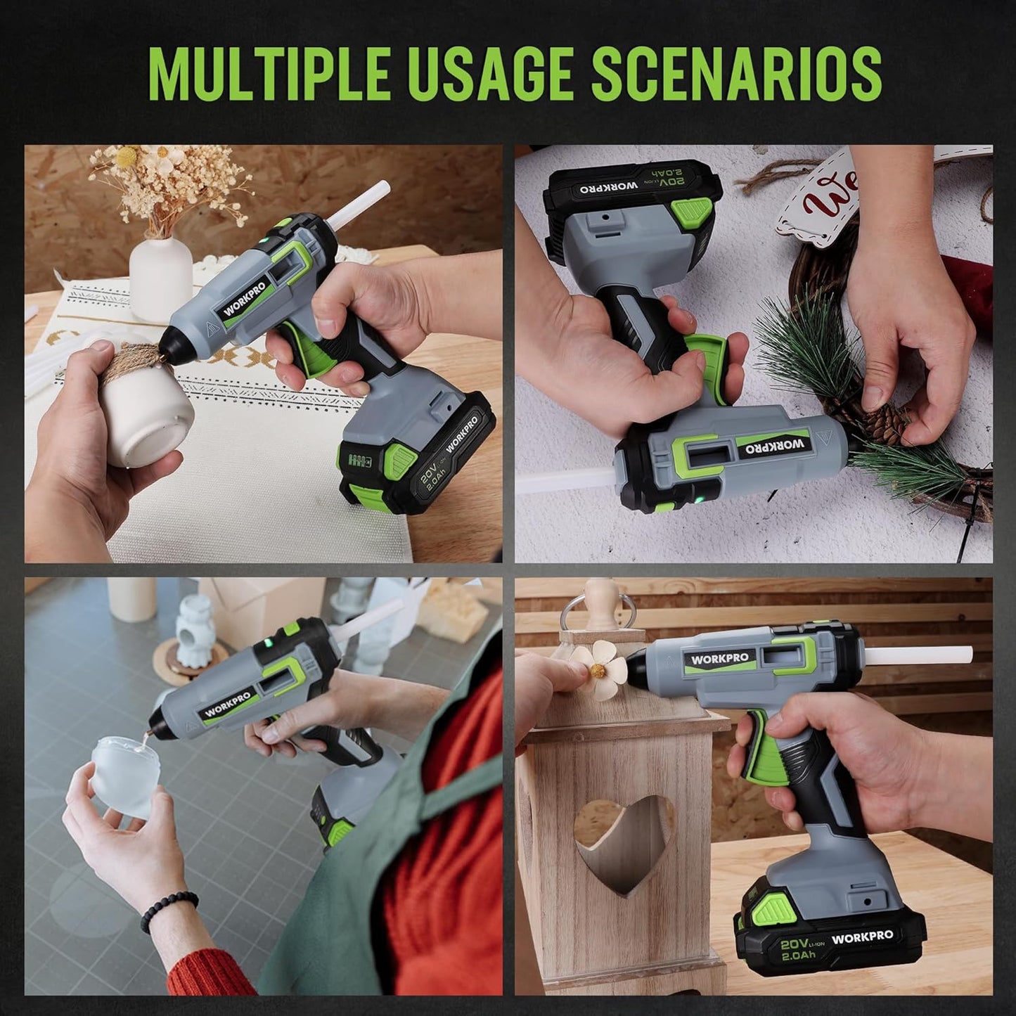 20V Cordless Hot Melt Glue Gun Kit, 2.0 Ah Li-Ion Battery Powered Rechargeable Full Size Hot Glue Gun, 45S Fast Preheating, Heavy Duty Wireless Glue Gun with 12 Pcs Glue Sticks for DIY & Craft