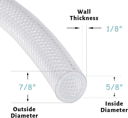 5/8" ID × 50 Ft Heavy Duty Braided Clear Plastic Vinyl Tubing, Flexible High Pressure Reinforced PVC Vinyl Tube Hose, Non-Toxic, BPA Free