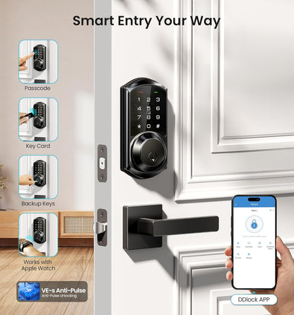 VE06-L Smart Locks with 2 Lever Handle Set, App Control, Keyless Entry Deadbolt for Front Door, Electronic Digital Touchscreen Keypad, Auto Lock, Waterproof, Easy Installation, Matte Black