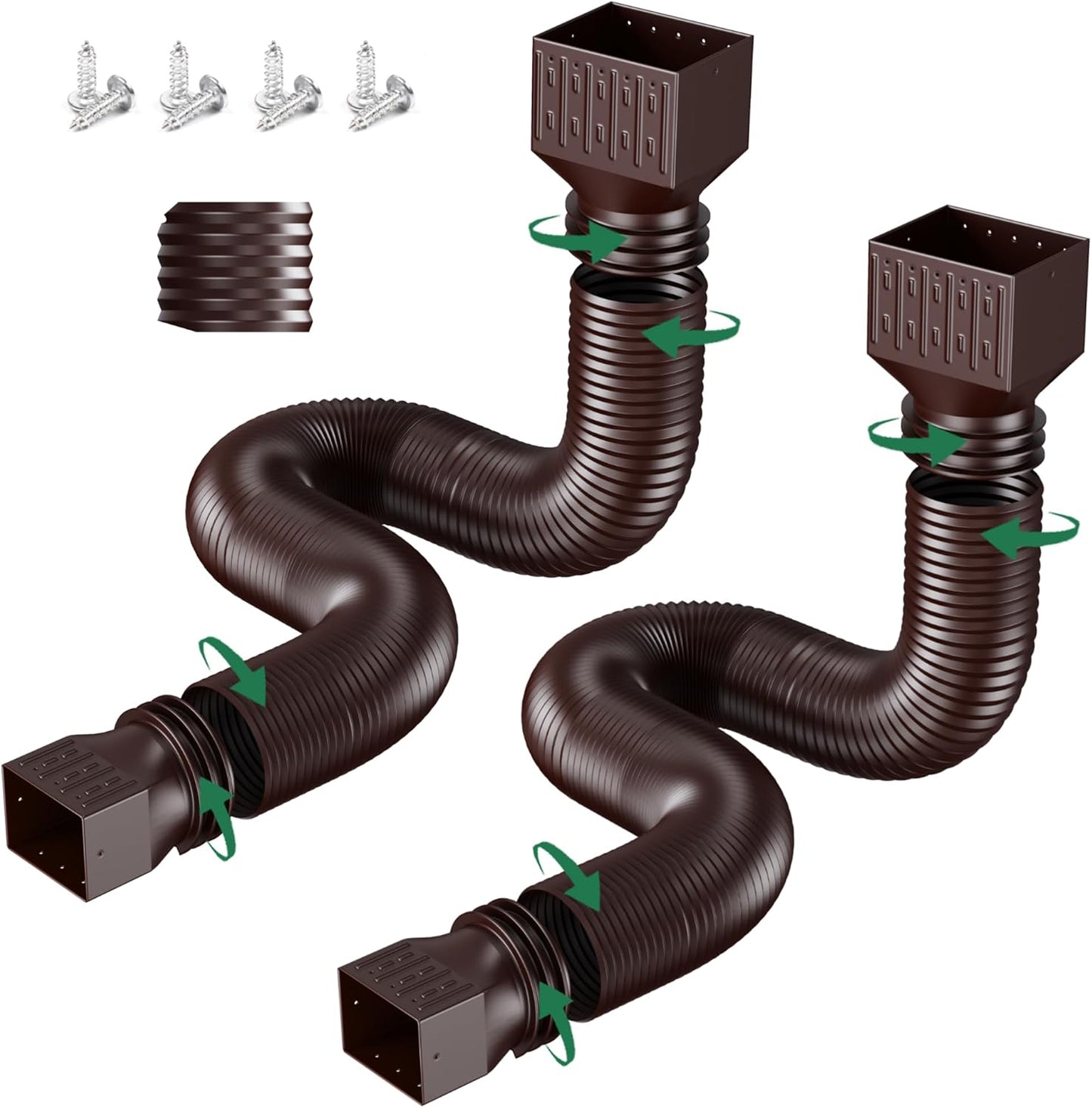 2 Pack Rain Gutter Downspout Extensions, Upgraded Flexible Drain Down Spout Extender for Rain Water Drainage, Each Extendable from 20" to 66", Combine to 10 ft with Connector(Brown)