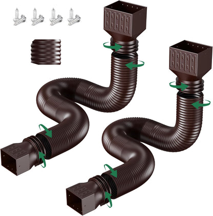2 Pack Rain Gutter Downspout Extensions, Upgraded Flexible Drain Down Spout Extender for Rain Water Drainage, Each Extendable from 20" to 66", Combine to 10 ft with Connector(Brown)