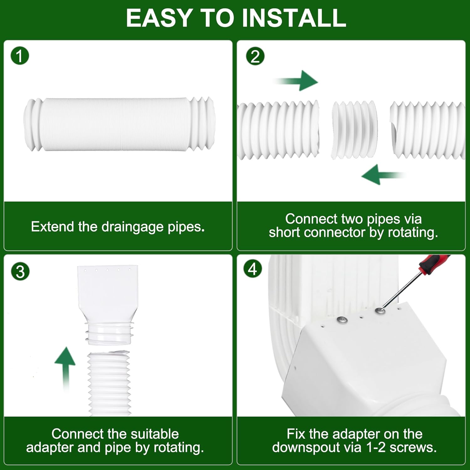 2 Pack Rain Gutter Downspout Extensions, Upgraded Flexible Drain down Spout Extender for Rain Water Drainage, Each Extendable from 20" to 66", Combine to 10 Ft with Connector(White)