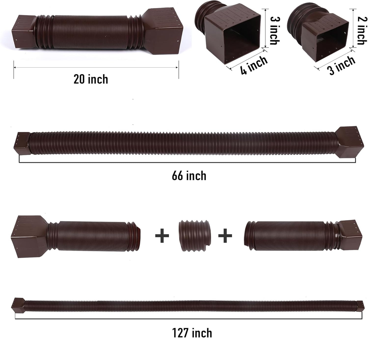 2 Pack Rain Gutter Downspout Extensions, Upgraded Flexible Drain Down Spout Extender for Rain Water Drainage, Each Extendable from 20" to 66", Combine to 10 ft with Connector(Brown)