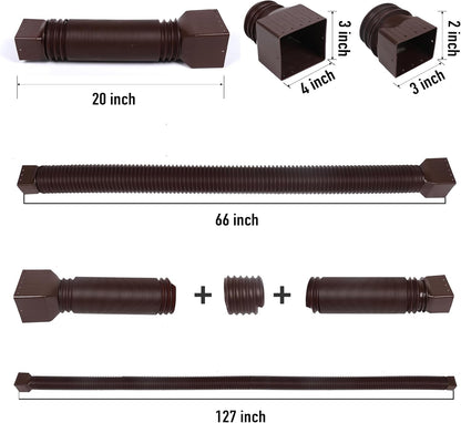 2 Pack Rain Gutter Downspout Extensions, Upgraded Flexible Drain Down Spout Extender for Rain Water Drainage, Each Extendable from 20" to 66", Combine to 10 ft with Connector(Brown)