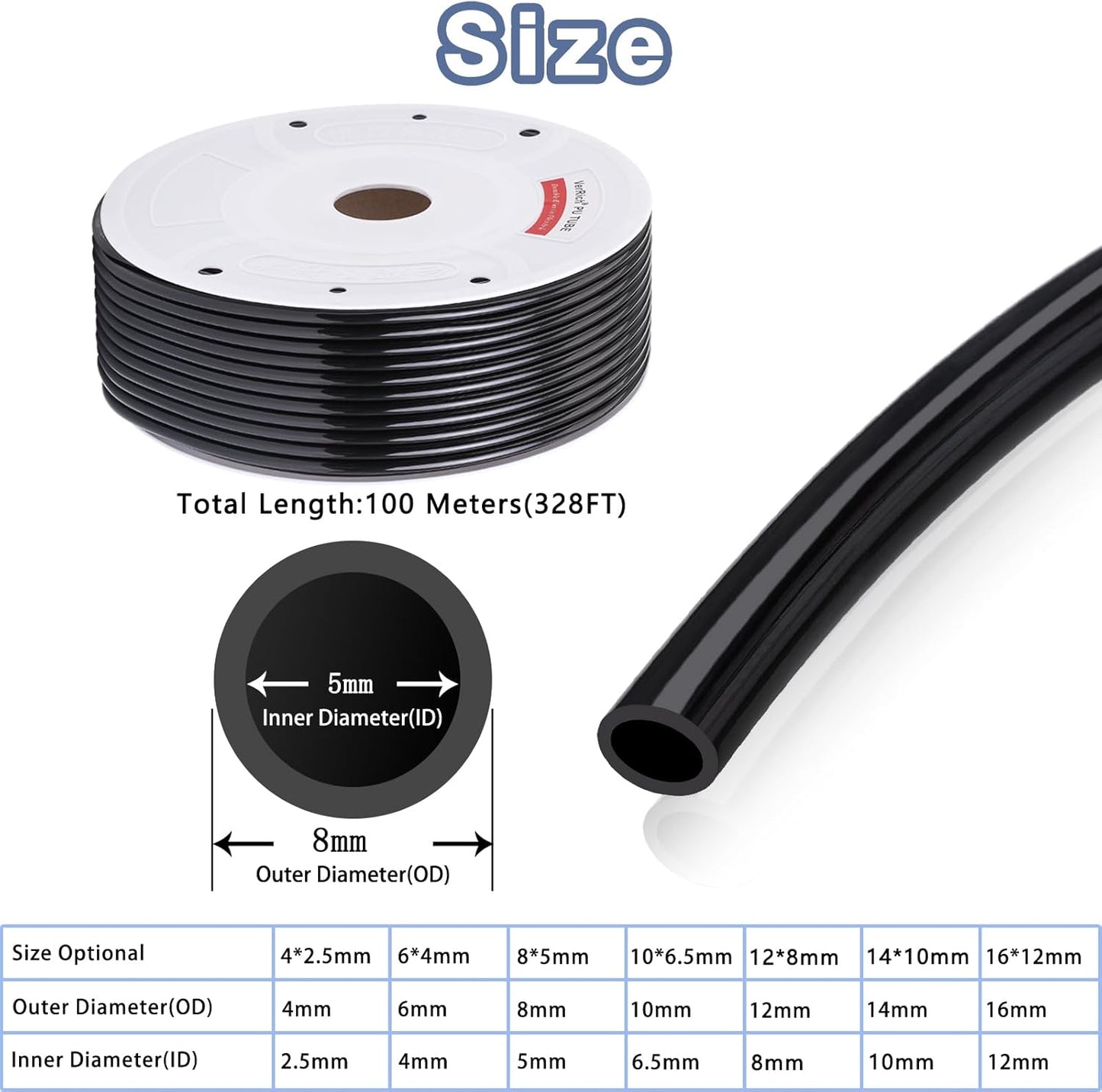 Pneumatic Tubing Pipe Pu Hose,Black 8Mm OD X 5Mm ID 100 Meters(328 FT) PU Air Hose Line Tube for Air Compressor Transfer