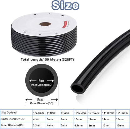 Pneumatic Tubing Pipe Pu Hose,Black 8Mm OD X 5Mm ID 100 Meters(328 FT) PU Air Hose Line Tube for Air Compressor Transfer