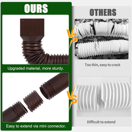 2 Pack Rain Gutter Downspout Extensions, Upgraded Flexible Drain Down Spout Extender for Rain Water Drainage, Each Extendable from 20" to 66", Combine to 10 ft with Connector(Brown)