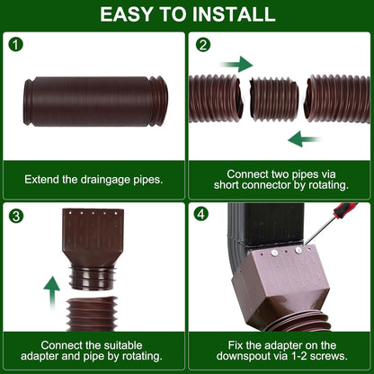 2 Pack Rain Gutter Downspout Extensions, Upgraded Flexible Drain Down Spout Extender for Rain Water Drainage, Each Extendable from 20" to 66", Combine to 10 ft with Connector(Brown)