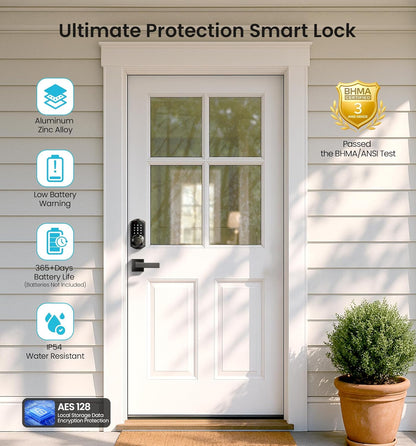 VE06-L Smart Locks with 2 Lever Handle Set, App Control, Keyless Entry Deadbolt for Front Door, Electronic Digital Touchscreen Keypad, Auto Lock, Waterproof, Easy Installation, Matte Black