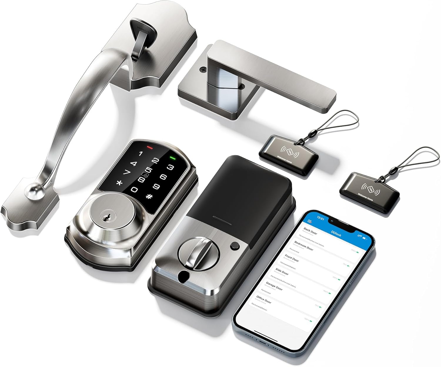 VE06-H Smart Front Door Lock Set, App Control, Keyless Entry Deadbolt with Lever Handle, Electronic Digital Touchscreen Keypad, Auto Lock, Easy Install, Satin Nickel