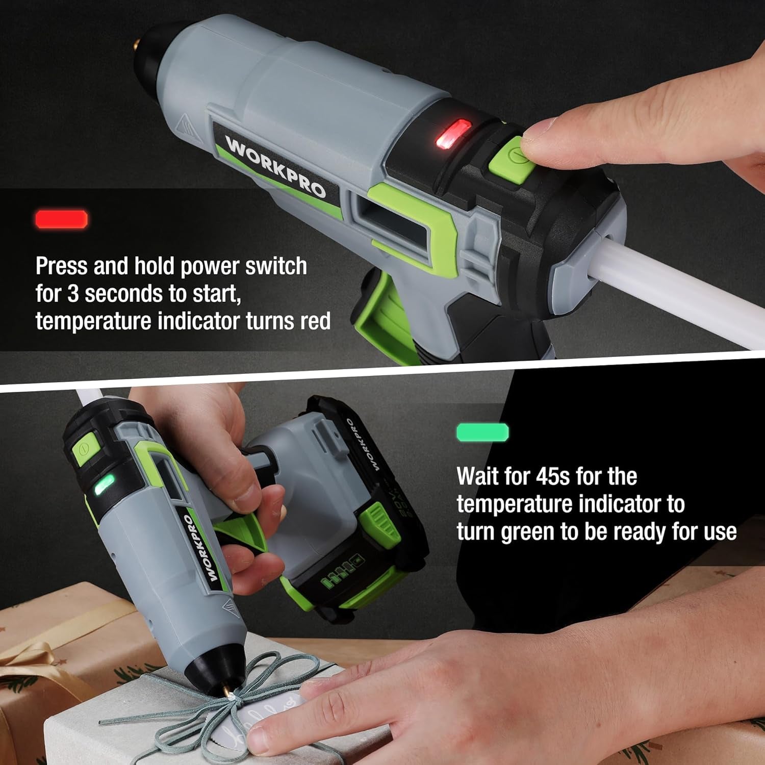 20V Cordless Hot Melt Glue Gun Kit, 2.0 Ah Li-Ion Battery Powered Rechargeable Full Size Hot Glue Gun, 45S Fast Preheating, Heavy Duty Wireless Glue Gun with 12 Pcs Glue Sticks for DIY & Craft