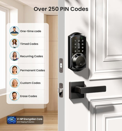 VE06-L Smart Locks with 2 Lever Handle Set, App Control, Keyless Entry Deadbolt for Front Door, Electronic Digital Touchscreen Keypad, Auto Lock, Waterproof, Easy Installation, Matte Black